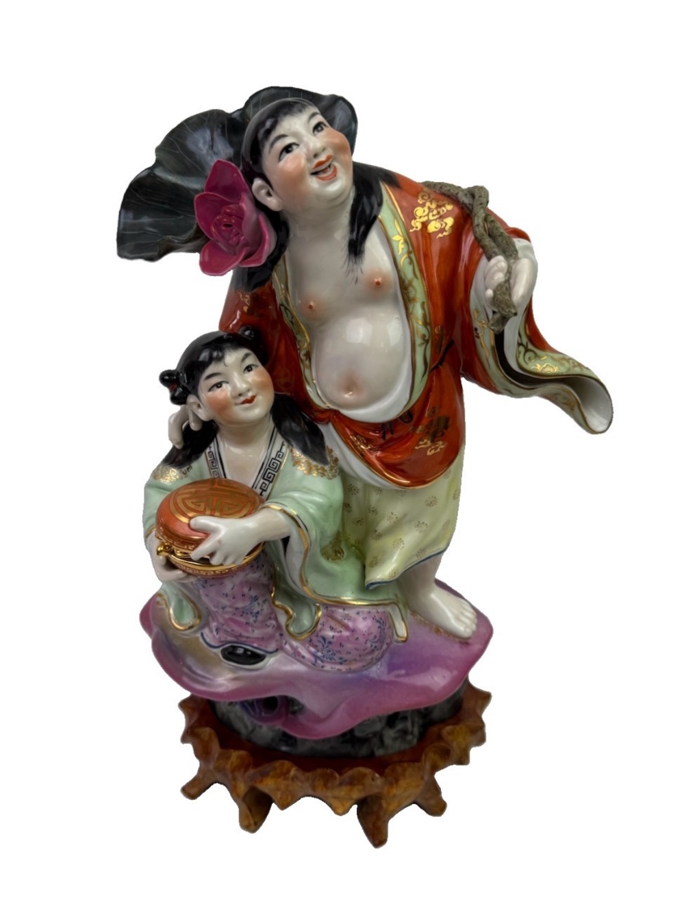 VTG Chinese Polychrome Porcelain Hehe Figurine W/ Wood Stand 13.5” Statuette